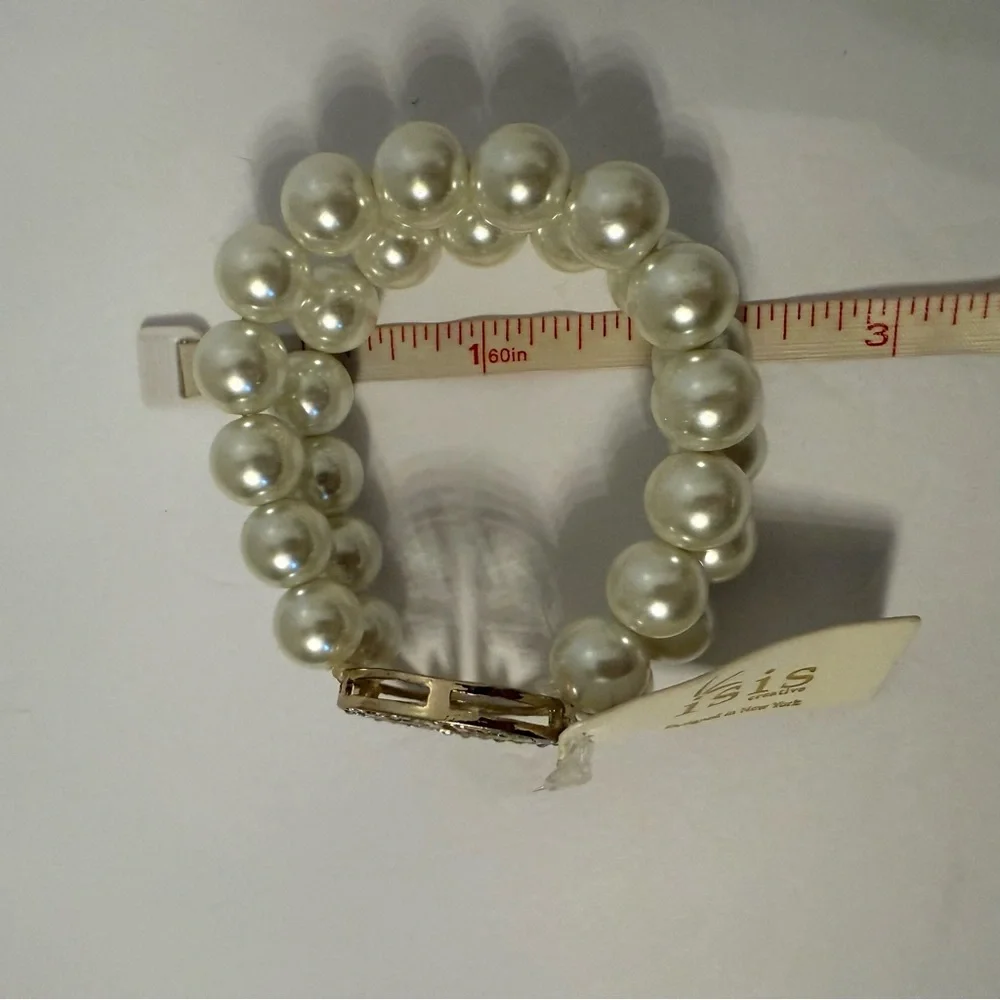 NEW ISIS CREATIVE BRACELET WHITE FAUX PEARL DOUBLE STRAND GOLD T RHINESTONE